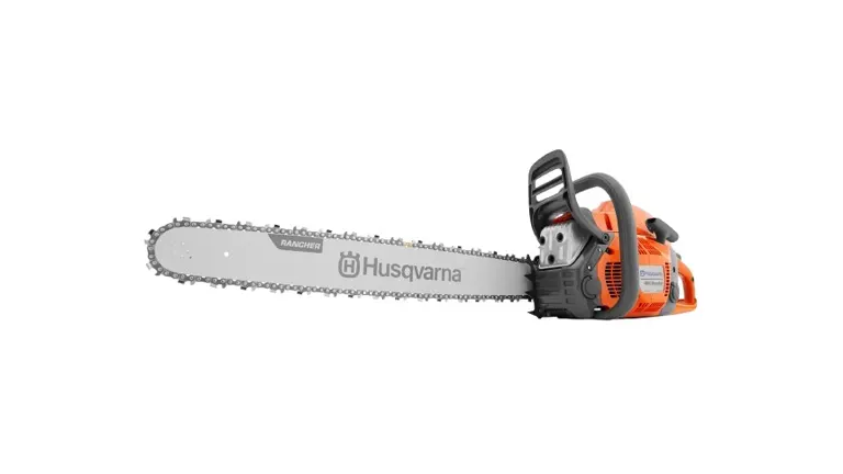 Husqvarna chainsaw displayed on a white background, highlighting its robust design and long bar, ideal for storm cleanup tasks.