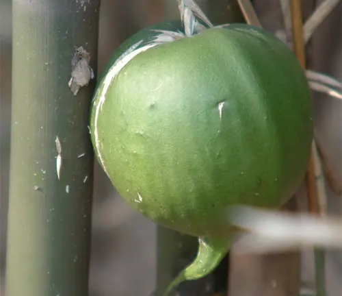 Close-up of a green, round fruit of the Melocanna Humilis bamboo.