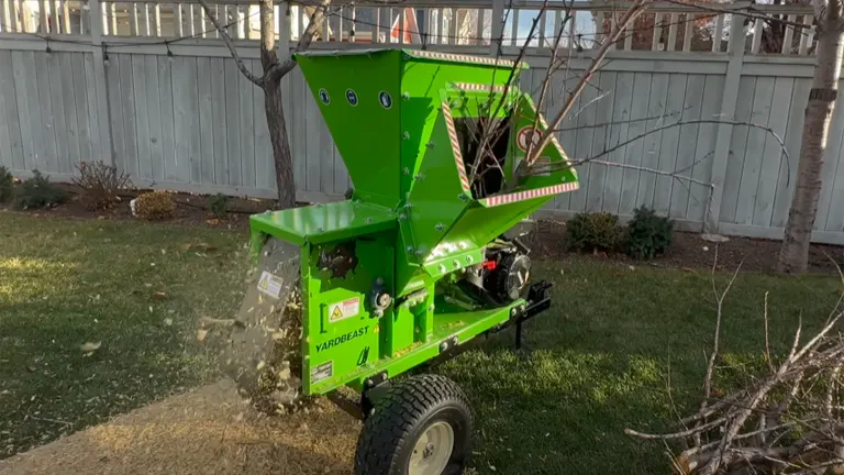 YardBeast 2090 chipper shredder processing branches and ejecting wood chips in a backyard.