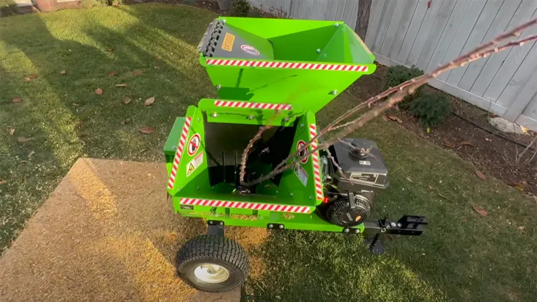 YardBeast 2090 chipper shredder in action, processing branches in a backyard.