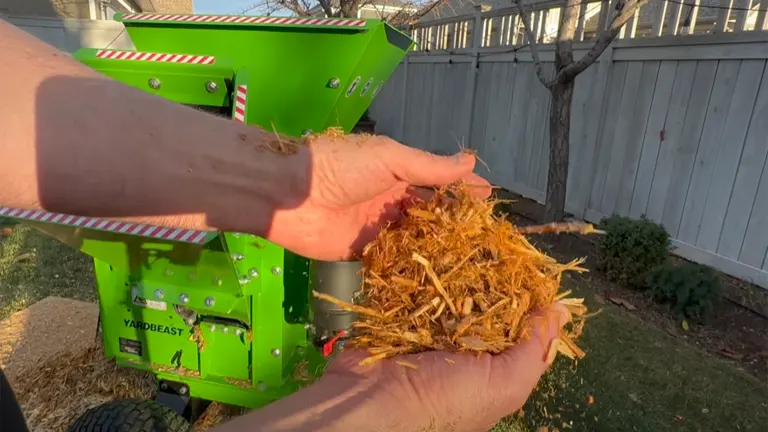 Hands holding fresh wood chips produced by YardBeast 2090 chipper shredder.