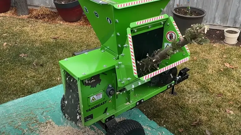 YardBeast 2090 chipper shredder chipping a branch and ejecting wood chips onto a tarp.