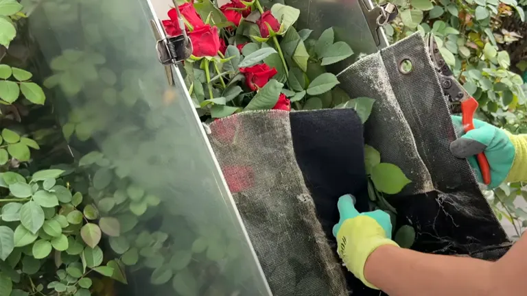 A person wearing gloves cuts roses in a greenhouse, highlighting the harvesting process in floriculture, focused on producing cut flowers for commercial purposes.