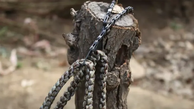 Pocket chainsaws wrapped around a tree stump during testing.