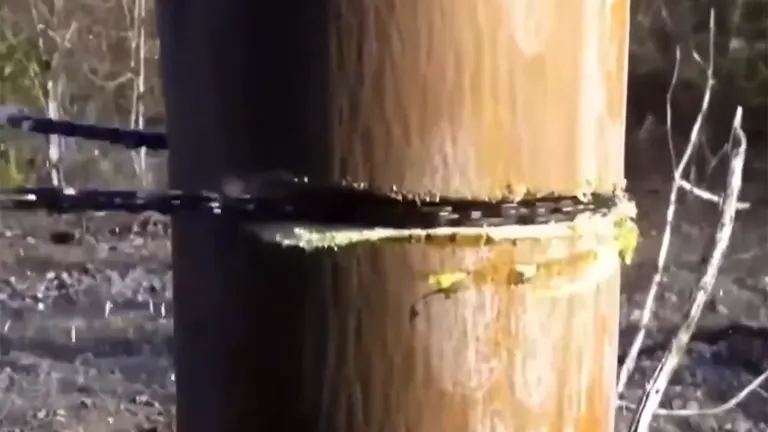 Pocket chainsaw cutting through a tree trunk during testing.