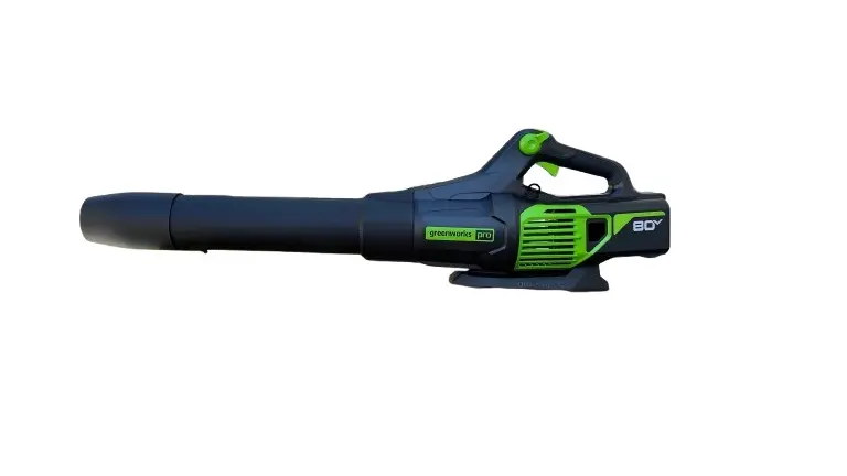 Greenworks Pro 80V leaf blower with black and green design, showcasing its ergonomic handle and powerful air tube.