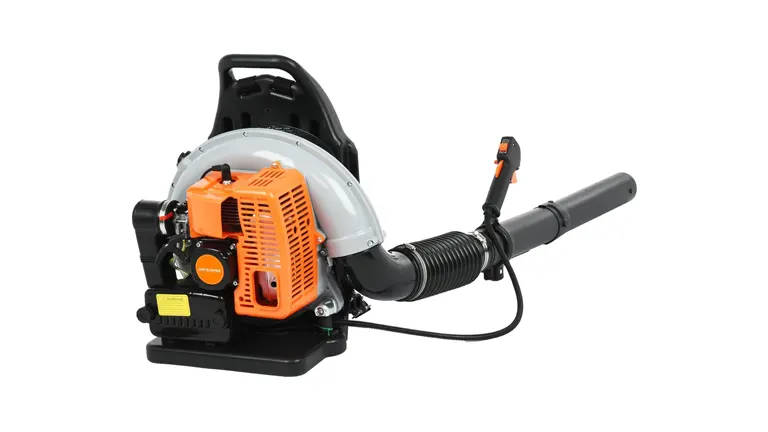 Gas-powered leaf blower with an orange engine, a backpack design, and a flexible tube for directing airflow.