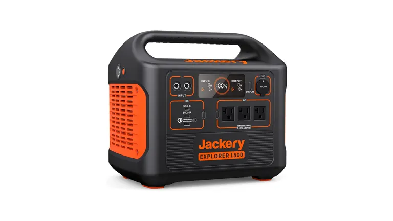 Jackery Explorer 1500 portable solar generator with multiple power outlets, compact design, and LED display.