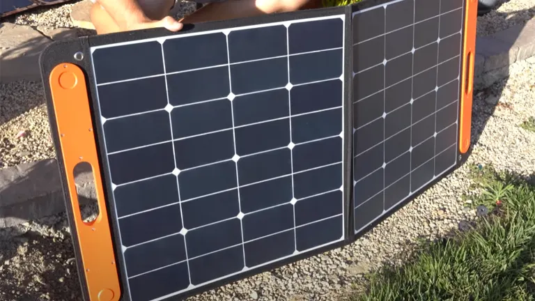 Foldable Jackery solar panel being set up outdoors to charge the Jackery 1500 Solar Generator.