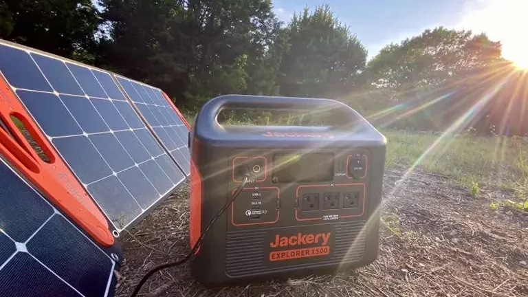 Jackery Explorer 1500 solar generator connected to a solar panel, set outdoors during sunset, showcasing portable solar charging capabilities.