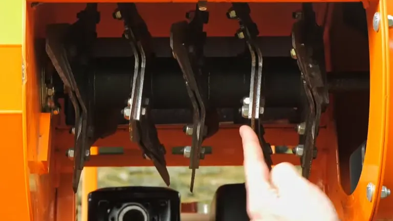 Close-up of cutting blades inside the Ingco WCS350 Gasoline Wood Chipper.