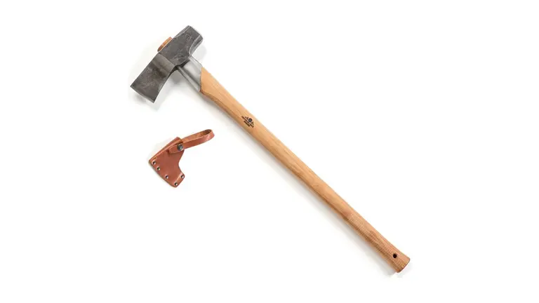 Wood-handled axe with a detached leather sheath