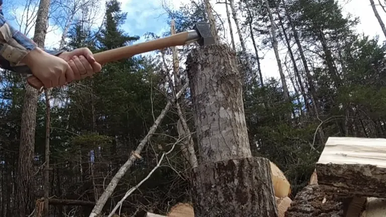 Person using an axe to split a tree stump outdoors