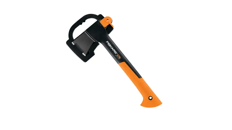 Fiskars X10 axe with orange handle and blade cover"