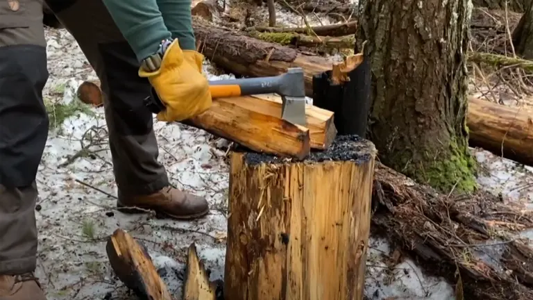 Person splitting wood with an axe on a tree stump outdoors