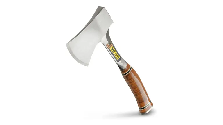 Estwing axe with polished steel head and leather handle