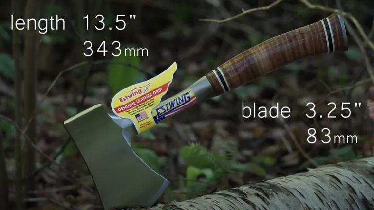 Estwing axe with labeled length and blade dimensions outdoors