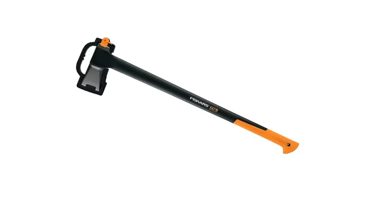 Fiskars X27 splitting axe with orange handle and blade cover