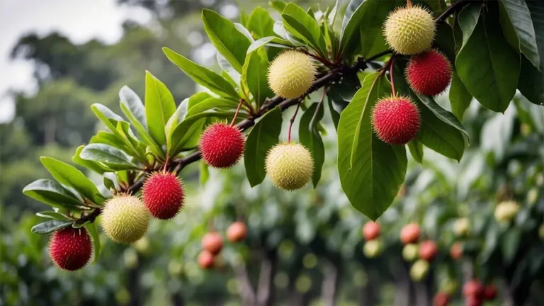 Philippine Rambutan Tree branch with ripening red and yellow fruits