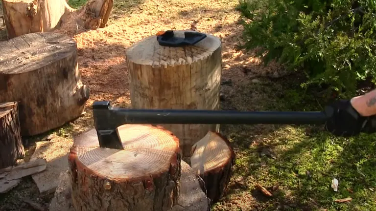 Person holding an axe over tree stumps outdoors