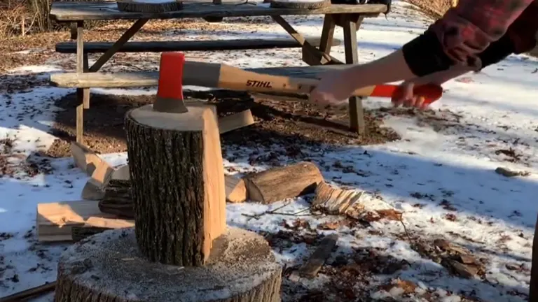 Person using a STIHL axe to split wood on a stump outdoors