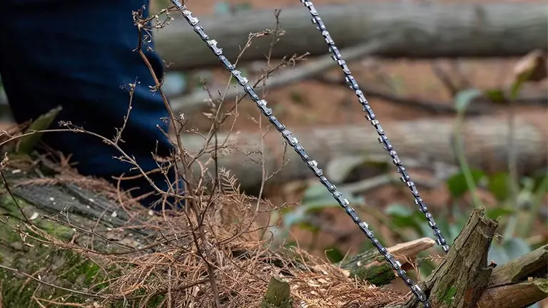 Pocket chainsaw in use cutting through a fallen tree branch.