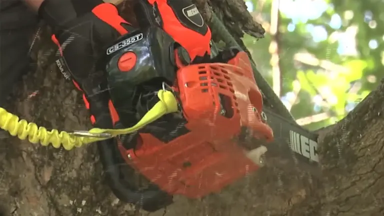 Echo CS-355T chainsaw in use, cutting through a tree branch, highlighting its compact power and precision for arborist tasks