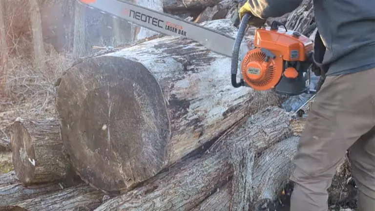 NeoTec NS8105 gas chainsaw cutting through a large log.