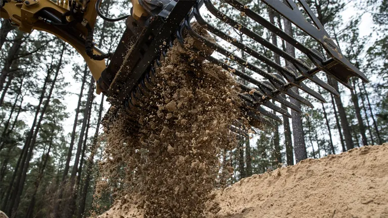 Skeleton bucket sifting soil in a forested area, used for land clearing and debris removal.