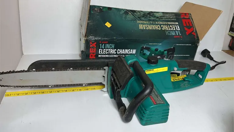 Ferrex 14-inch electric chainsaw displayed with packaging.