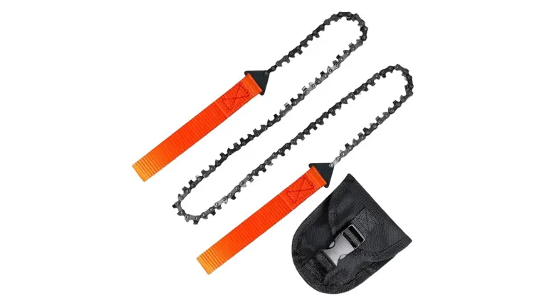 Pocket chainsaw with orange handles and a black carrying case.