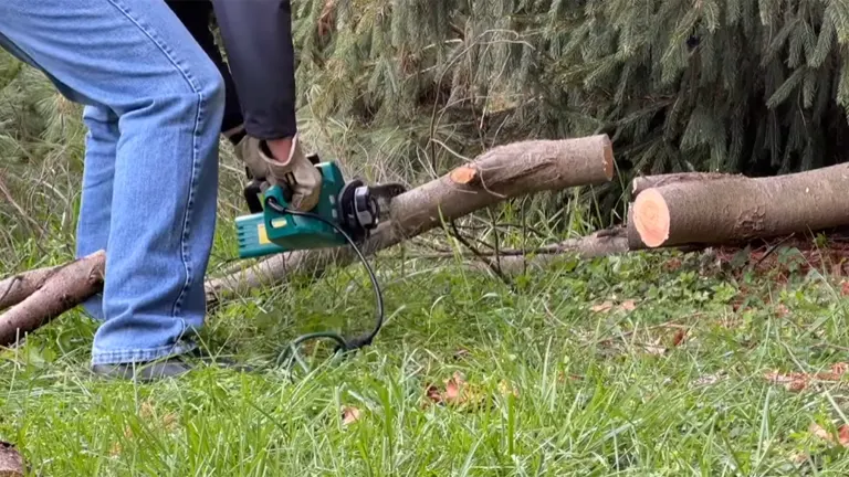 Person using a Ferrex electric chainsaw to cut a tree branch.