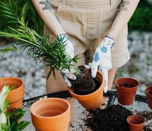 Potted lemon trees with ripe yellow fruits and green leaves in a garden.