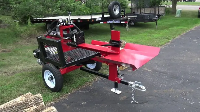 Wolfe Ridge 28 Pro Log Splitter with hydraulic log lift and rugged design for efficient wood splitting.