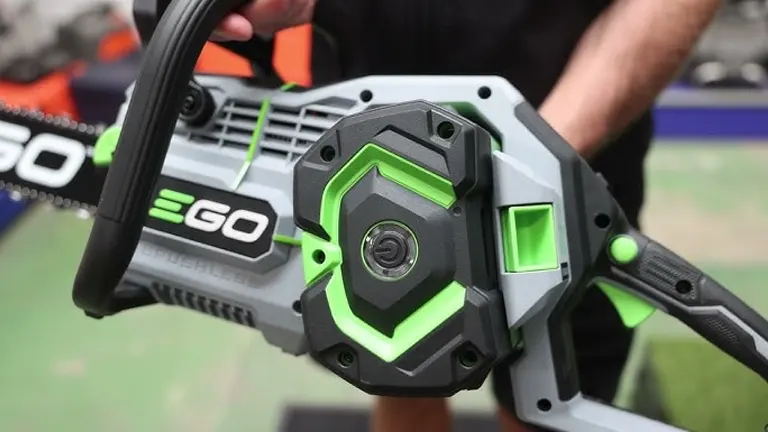 Close-up of EGO Power+ CS2005 Cordless Chainsaw showing the motor housing and ergonomic handle.