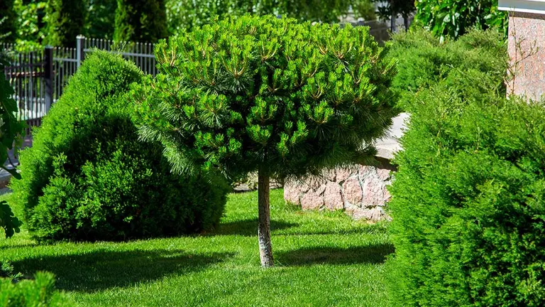 Small Red Pine Tree with dense green foliage in a landscaped yard.