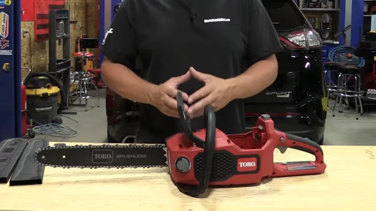 Person reviewing Toro Flex-Force 60V chainsaw on workbench.