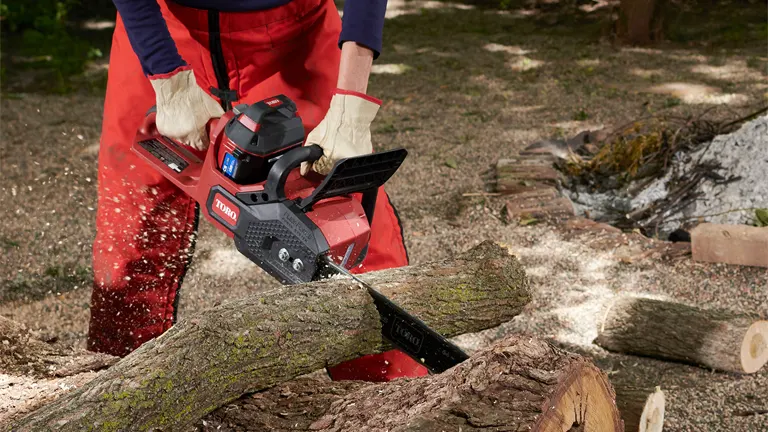 Person using Toro Flex-Force 60V chainsaw to cut a large log outdoors.