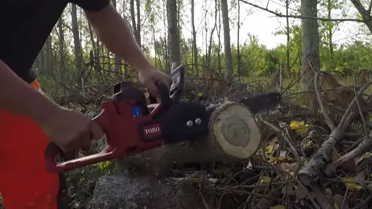 Person using Toro Flex-Force 60V chainsaw to cut a tree stump in the forest.