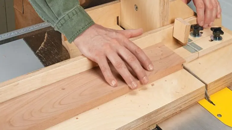 Woodworker cutting a rabbet joint on a table saw with a guide fence.