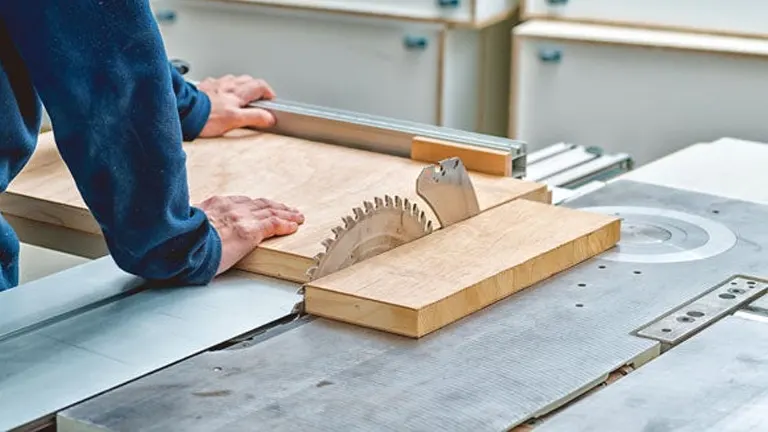 Woodworker cutting a rabbet joint on a table saw with a guide fence.