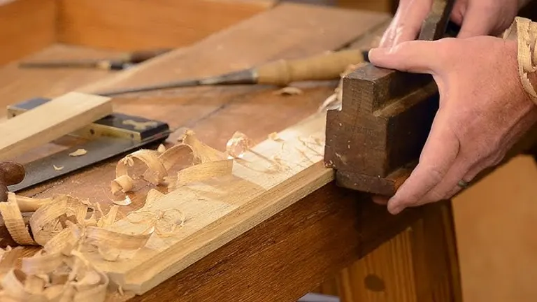 Woodworker using a rabbet plane to carve a rabbet joint on wood.