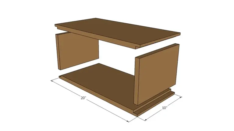 Exploded view of wood timbers showing rabbet joints with 20'' and 10'' dimensions for assembly.