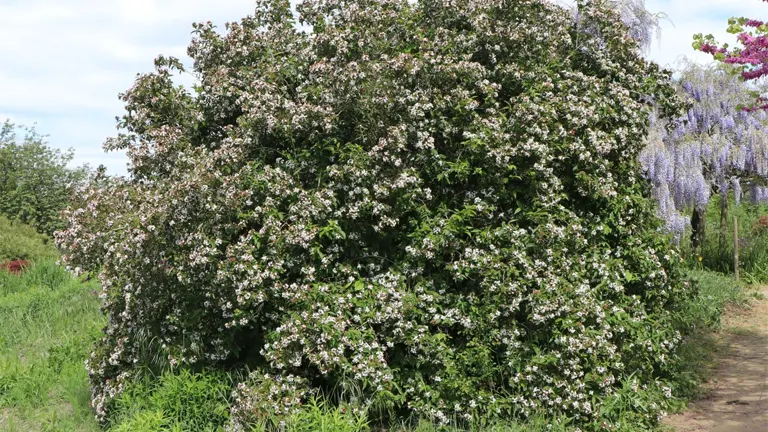 Large Korean Abelia Leaf Tree covered in small white flowers in a garden setting.