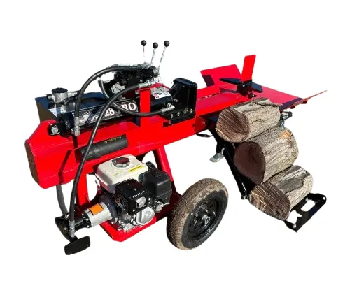 Wolfe Ridge 28 Pro Log Splitter with Honda engine and hydraulic log lift loaded with wood logs.