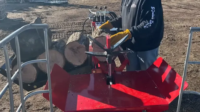 Operator using Wolfe Ridge 28 Pro Log Splitter to split logs with hydraulic controls and wedge attachment.