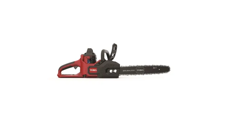 Toro 16-Inch Cordless Brushless Electric Chainsaw in red and black design.