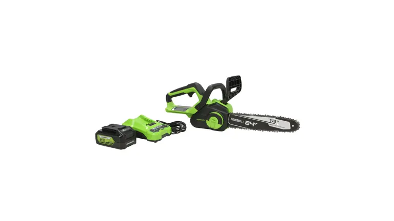 Greenworks 24V 10-Inch Cordless Compact Chainsaw with battery and charger.