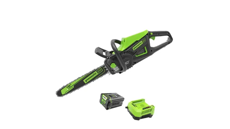 Greenworks 80V 18-Inch Brushless Cordless Chainsaw with battery and charger.