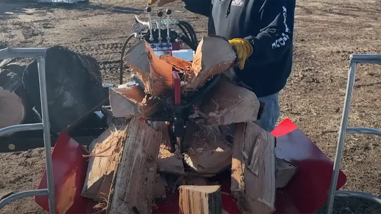 Wolfe Ridge 28 Pro Log Splitter in action, splitting a large log into multiple pieces.